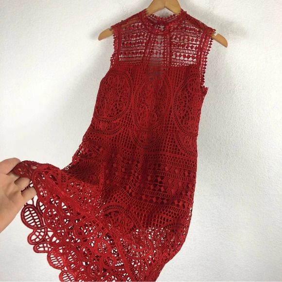 Lovers + Friends Lace Blush Red Crochet Open Back Cocktail Midi Dress Medium - Picture 12 of 15